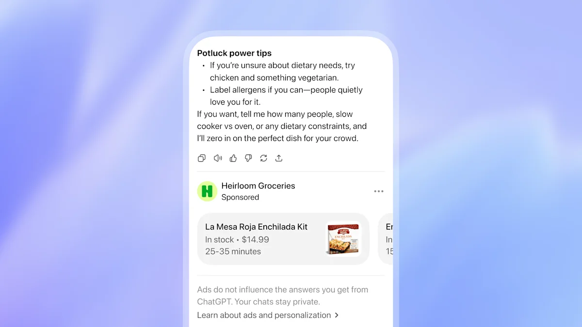 ChatGPT 답변 아래 스폰서 표시가 붙은 식료품 광고의 OpenAI 공식 시연 화면