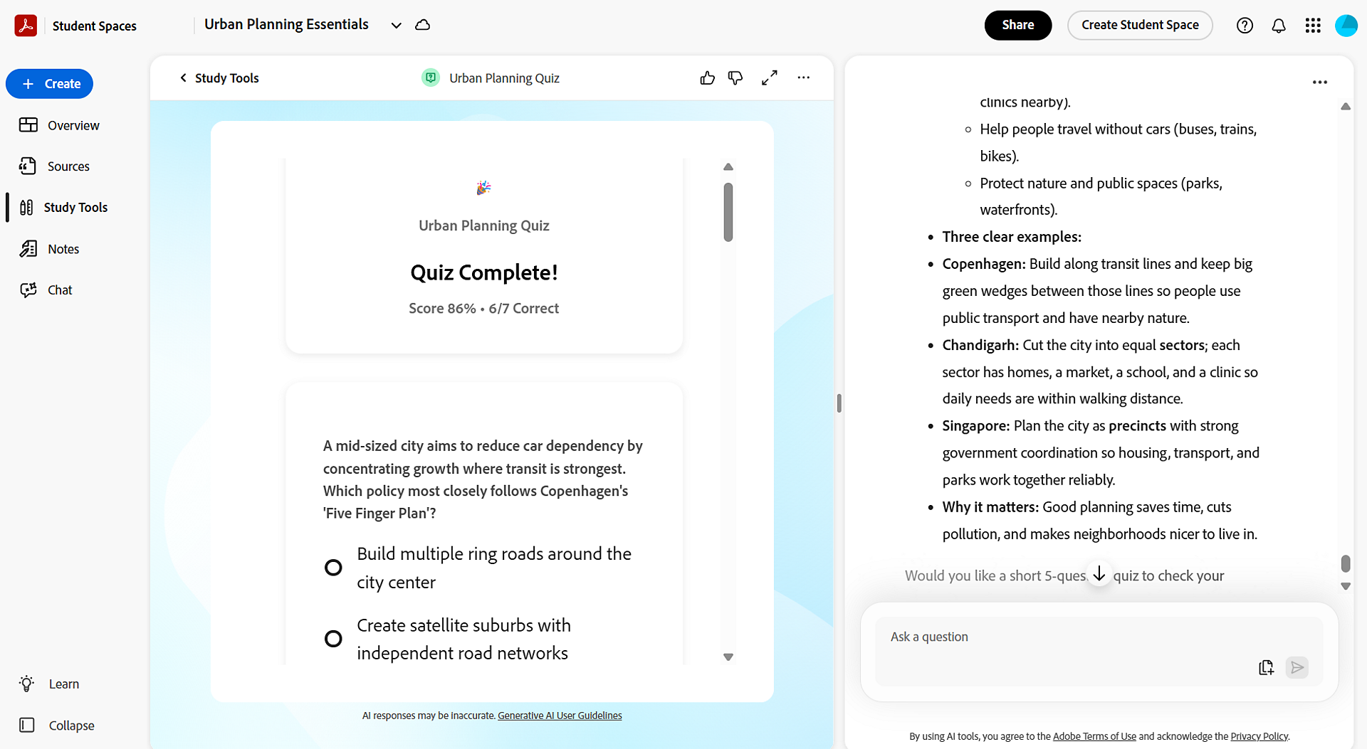 Adobe Student Spaces에서 퀴즈를 마친 뒤 점수와 문제를 확인하는 공식 제품 화면
