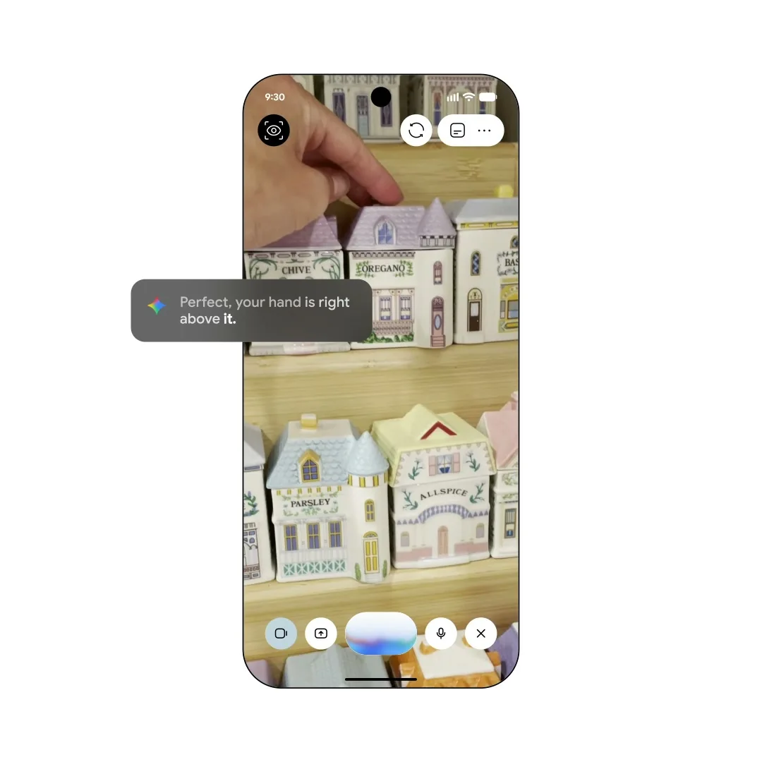 Google Guided vision 시연에서 손이 오레가노 용기 위에 닿자 위치를 확인하는 Gemini Live 화면