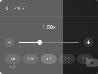 PC 유튜브 동영상 설정 메뉴에서 재생속도 1.50x 배속과 조절기 및 1.0 보통 버튼이 표시된 화면