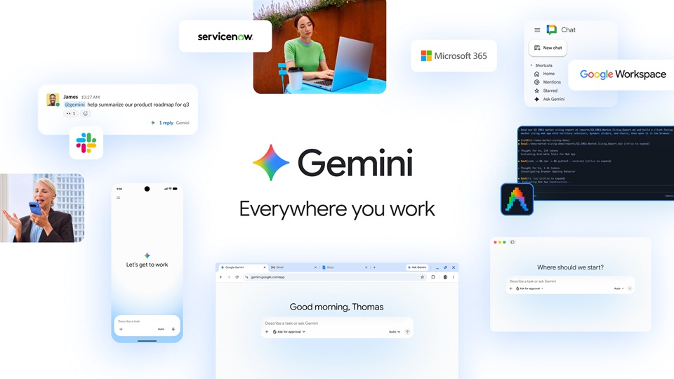 Google Workspace와 ServiceNow, Microsoft 365 및 모바일·데스크톱 화면을 모은 구글 업무용 제미나이 공식 소개 이미지