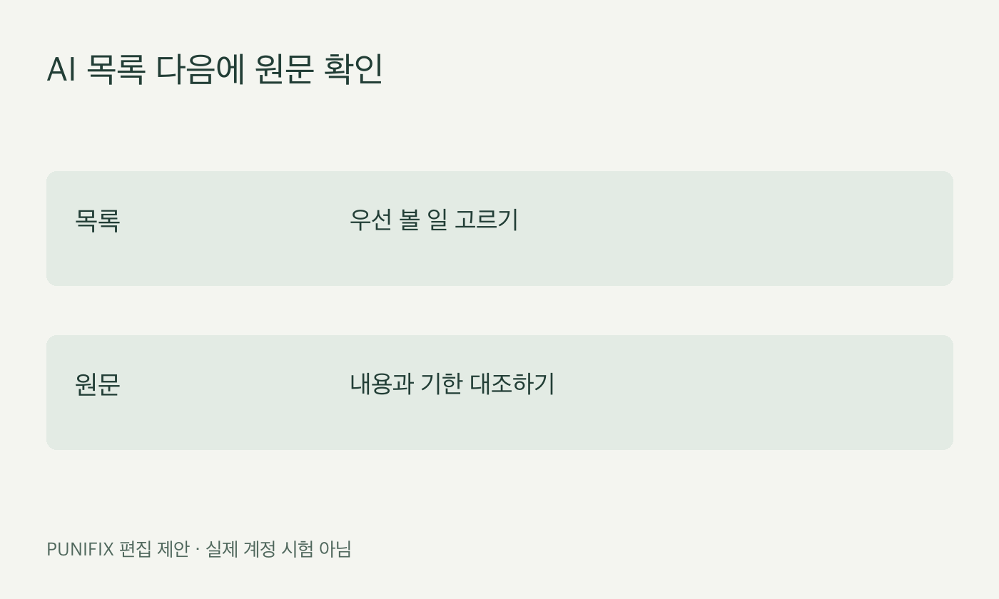 AI 목록 다음 원문 확인을 제안하는 자체 도표