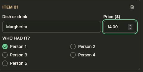 OpenAI 공식 Intelligent UI 시연의 음식 가격 입력칸과 함께 먹은 사람 선택칸