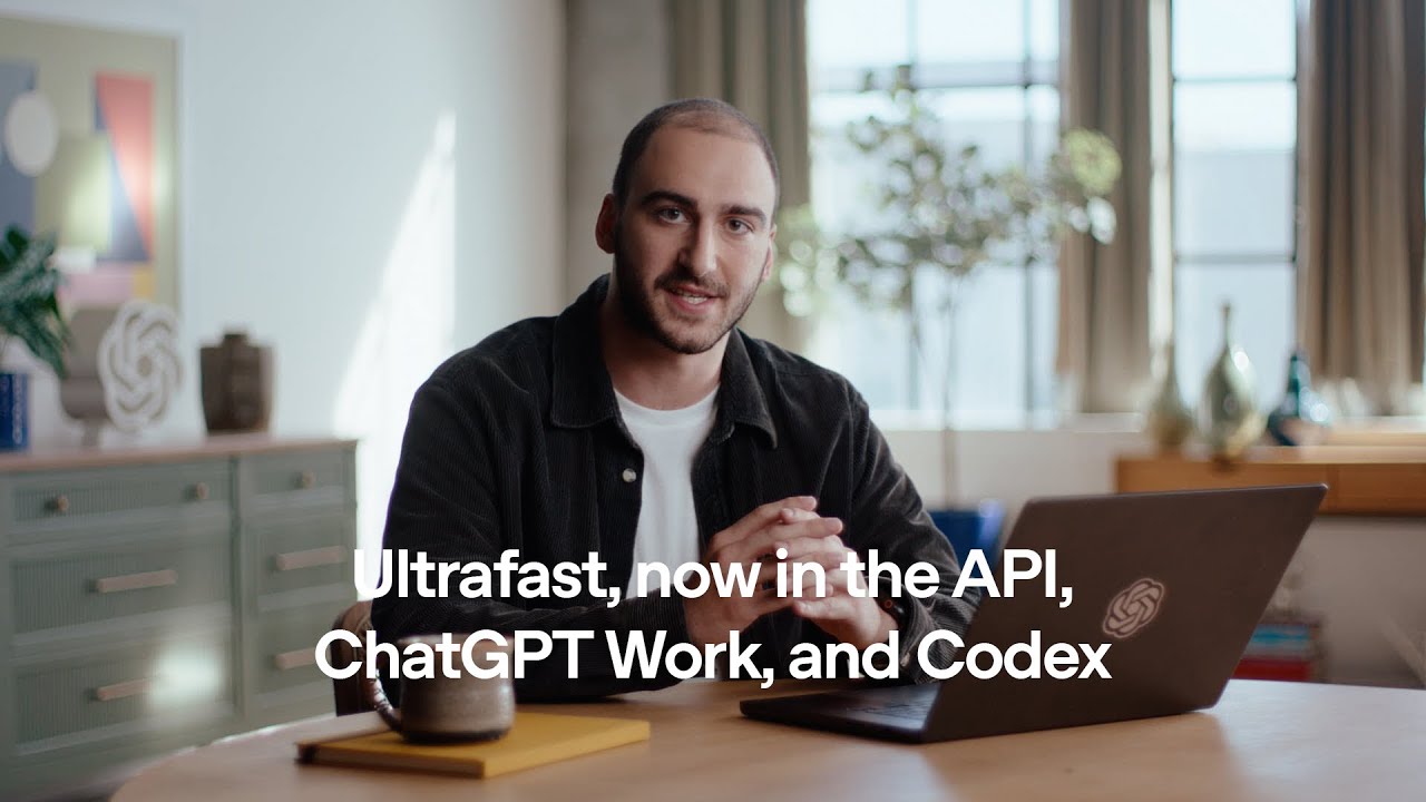 OpenAI의 Ultrafast 소개 영상에서 API·ChatGPT Work·Codex 제공을 안내하는 화면