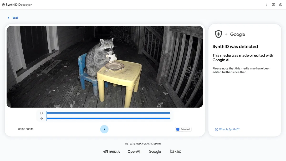 SynthID 웹 탐지기의 공식 너구리 영상 예시와 Google AI 생성 또는 편집 감지 결과