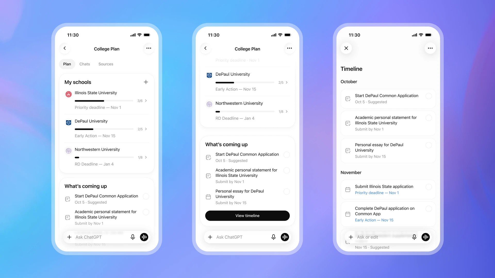 OpenAI College Planner 예시 화면의 학교별 진행 상태와 대학 지원 타임라인